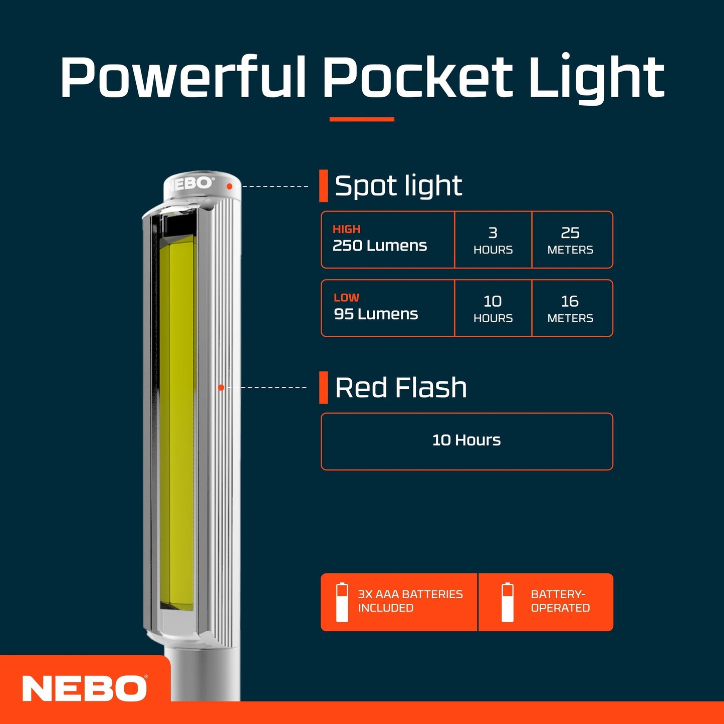 NEBO Lil Larry - 250 Lumen Torch with COB Work Light - Pocket Clip Magnetic Base for Hands-Free Lighting - Portable COB LED Flashlight - Hazard Light-Red