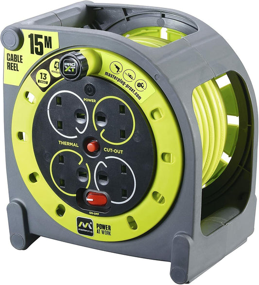 Masterplug Pro-XT Four Socket Open Cable Reel Extension Lead with Winding Handle, Thermal Cut Out and Power Switch, 15 Metres High Visibility Cable, Green