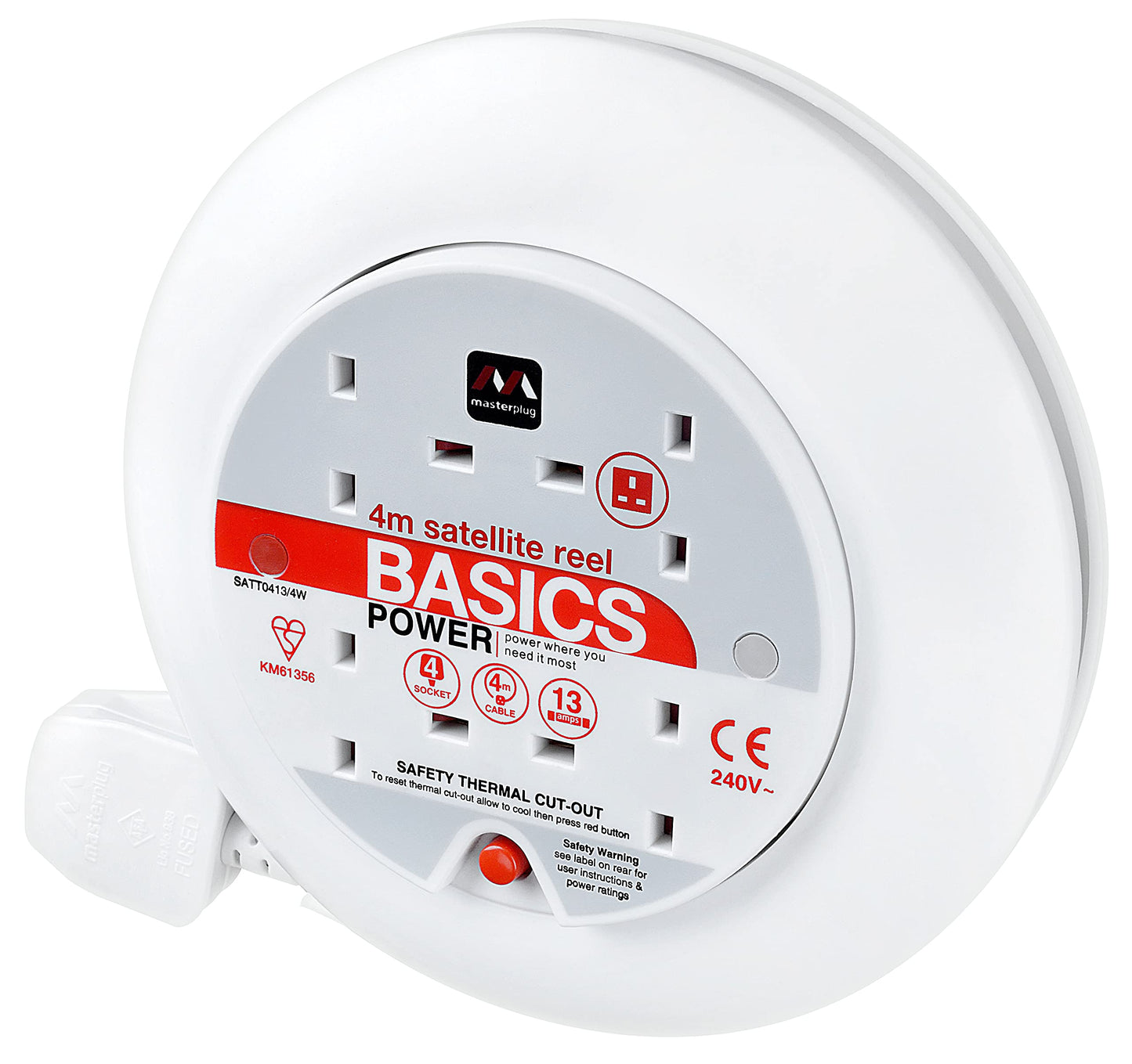 Masterplug Four Socket Slimline Cassette Reel Extension Lead, 4 Metres, White