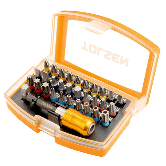 Tolsen 32 Piece Screwdriver Bit Set - Color Coded PZ, PH, Slotted, Hex & Torx - Magnetic Holder & Carrier Case Included