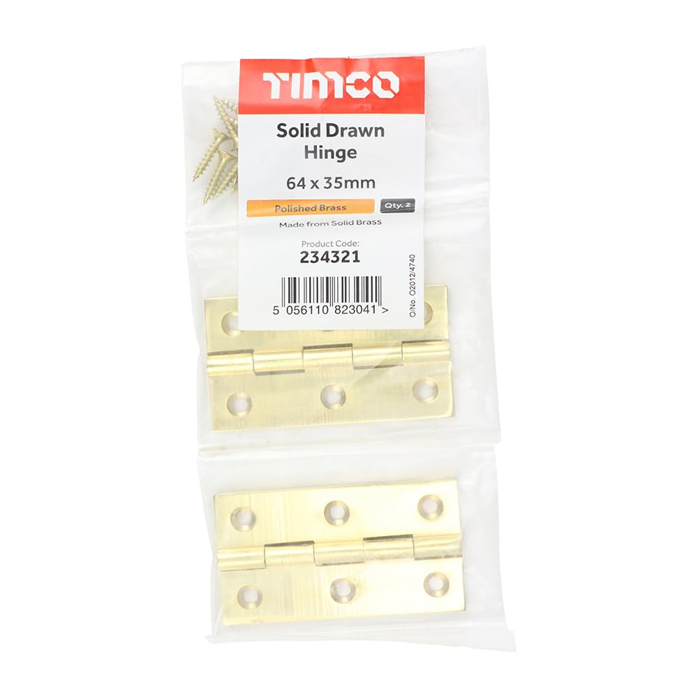 Timco - Solid Drawn Hinge - Solid Brass - Polished Brass (Size 64 x 35-2 Pieces)