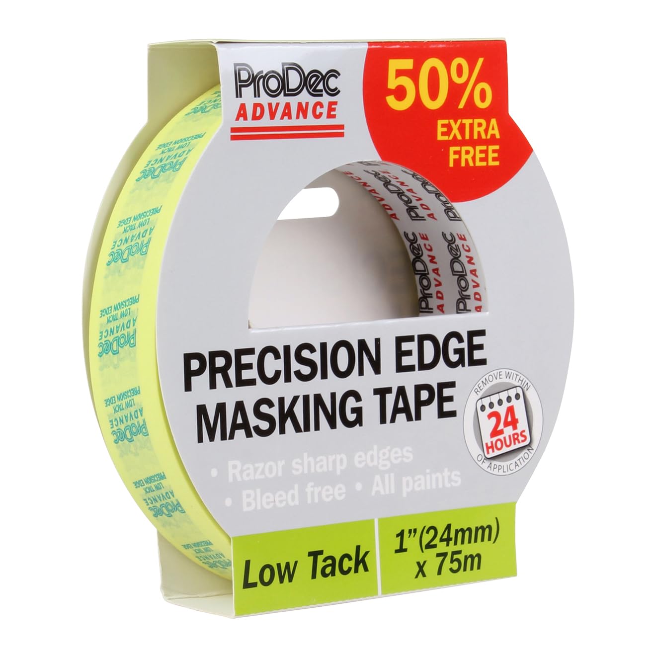 ProDec Advance 24mm (1 inch) x 50m + 50% FREE Low Tack Precision Edge Multi Surface Masking Tape, Razor Sharp Lines with No Paint Bleed, Indoor Painting & Decorating Compatible with All Paints, 1"