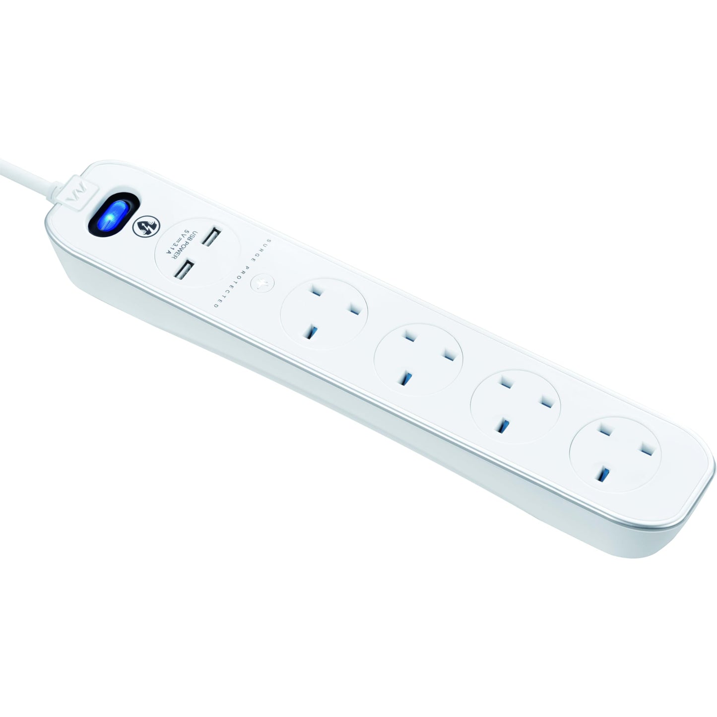 Masterplug SRGLSU42PW 4 Gang 2m Surge Protected with 2 x USB Sockets in White