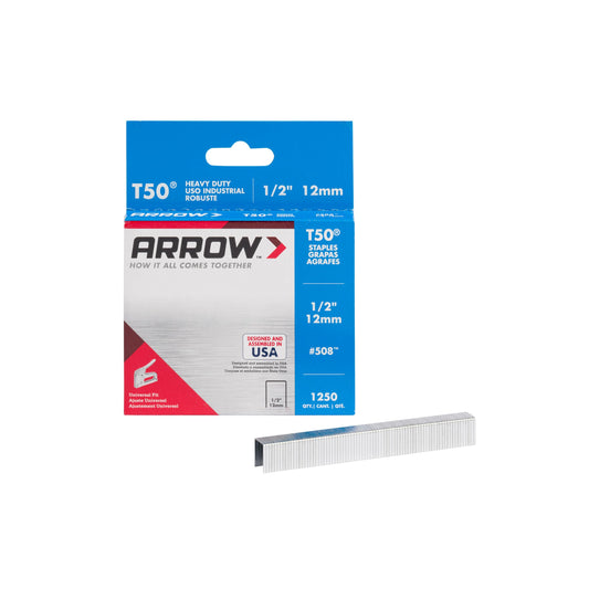 Arrow 508 Heavy Duty T50 1/2-Inch Leg Length, 3/8-Inch Crown, Staples for Upholstery, Construction, Furniture, Crafts, 1250 Count