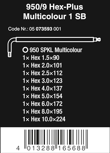 WERA 05022210001 950/9 Hex-Plus Multicolour HF 1 Multicolour Winkelschlüsselsatz, metrisch, BlackLaser, mit Haltefunktion, 9-teilig