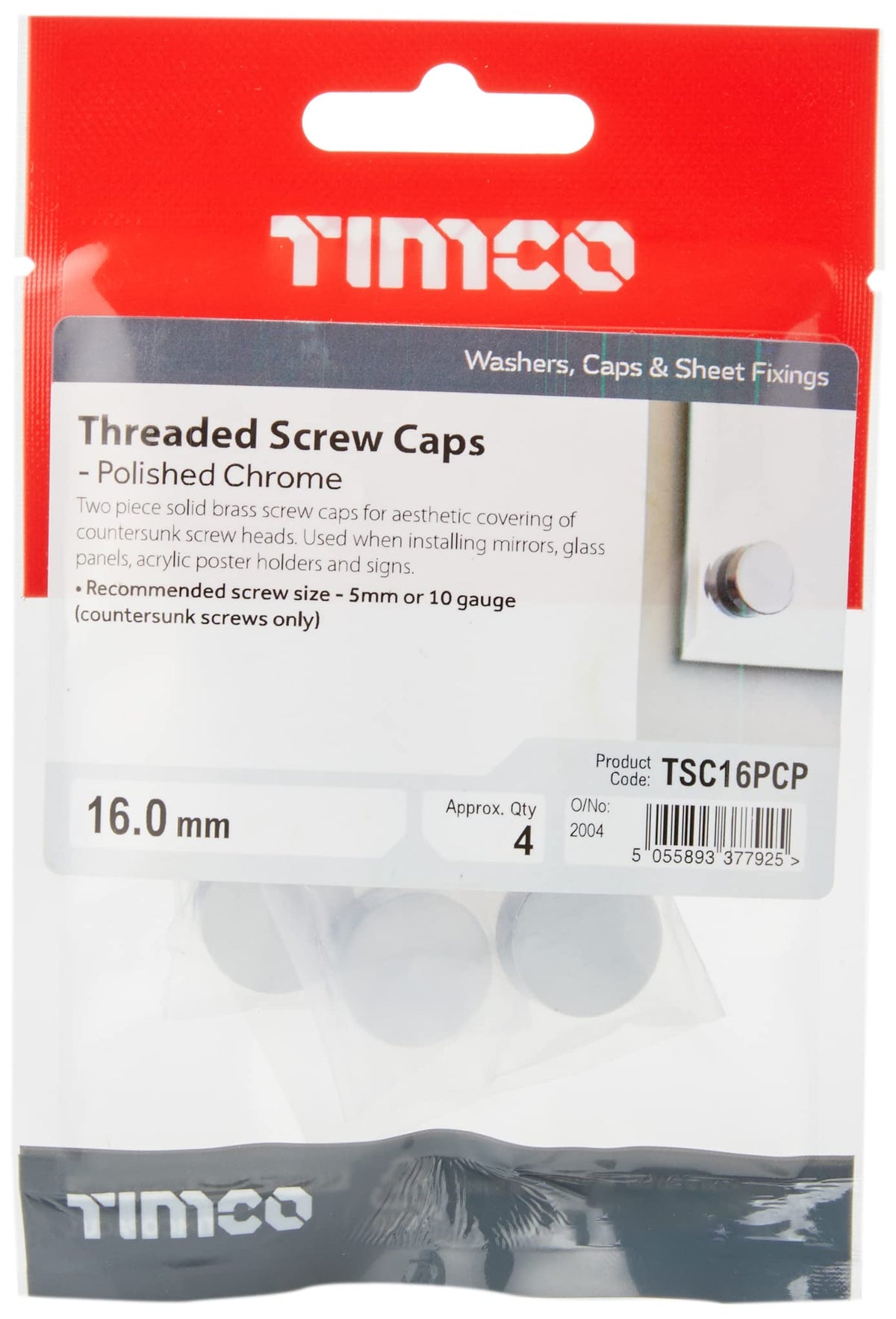 TIMCO Threaded Screw Caps Solid Brass Polished Chrome - 16mm