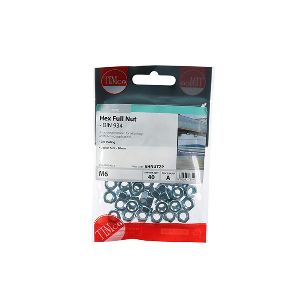 TIMco 10HNUTZP DIN 934 BZP Hex Nut - Silver (Box of 20)