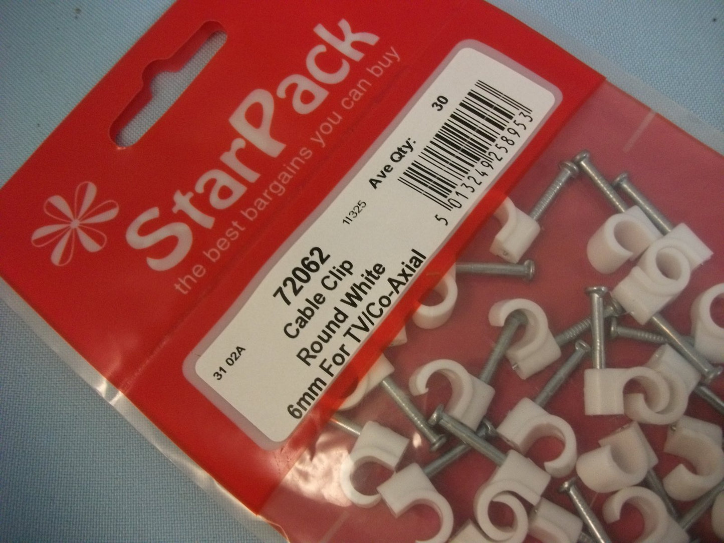Pack of Cable clips, Round white plastic 6mm, ideal for TV/Co-Axial Cable, Starpack hardware 72062