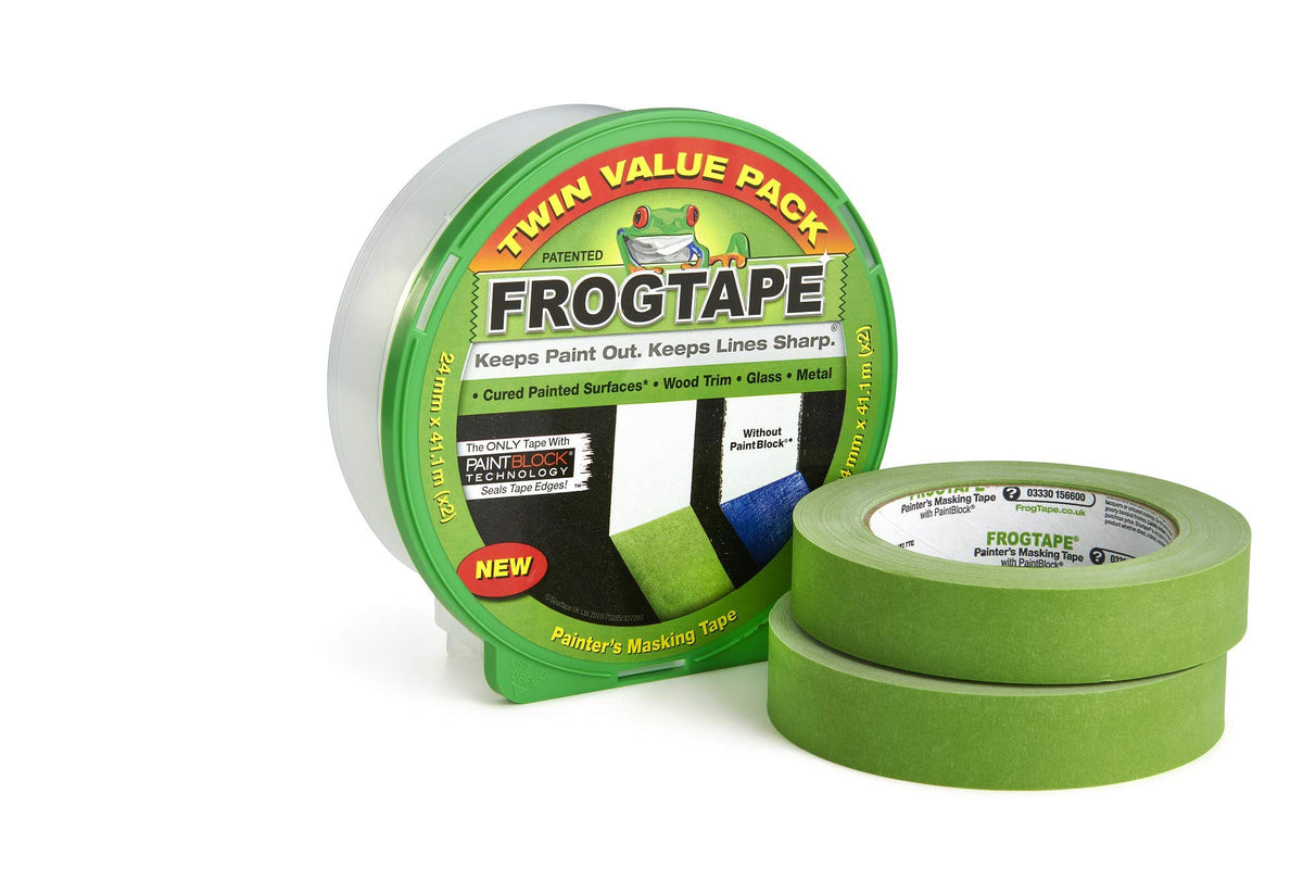 Frog Tape Green Multi Surface Painters Masking Tape Twin Pack of 24mm x 41.1m. Indoor painting and decorating for sharp lines and no paint bleed