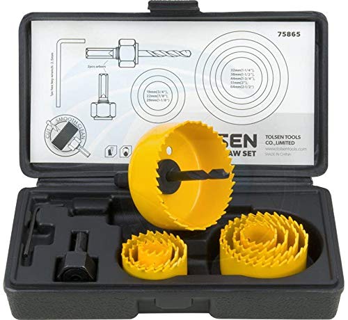 TOLSEN 9BM120 11pcs Hole Saw Pilot Drill Bit Kits for Plywood Drywall Wood Plastic,Yellow,3/4 inch 7/8 inch 1 1/8 inch 1 1/4 inch 1 1/2 inch 1 1/3 inch 2 inch 2.5 inch