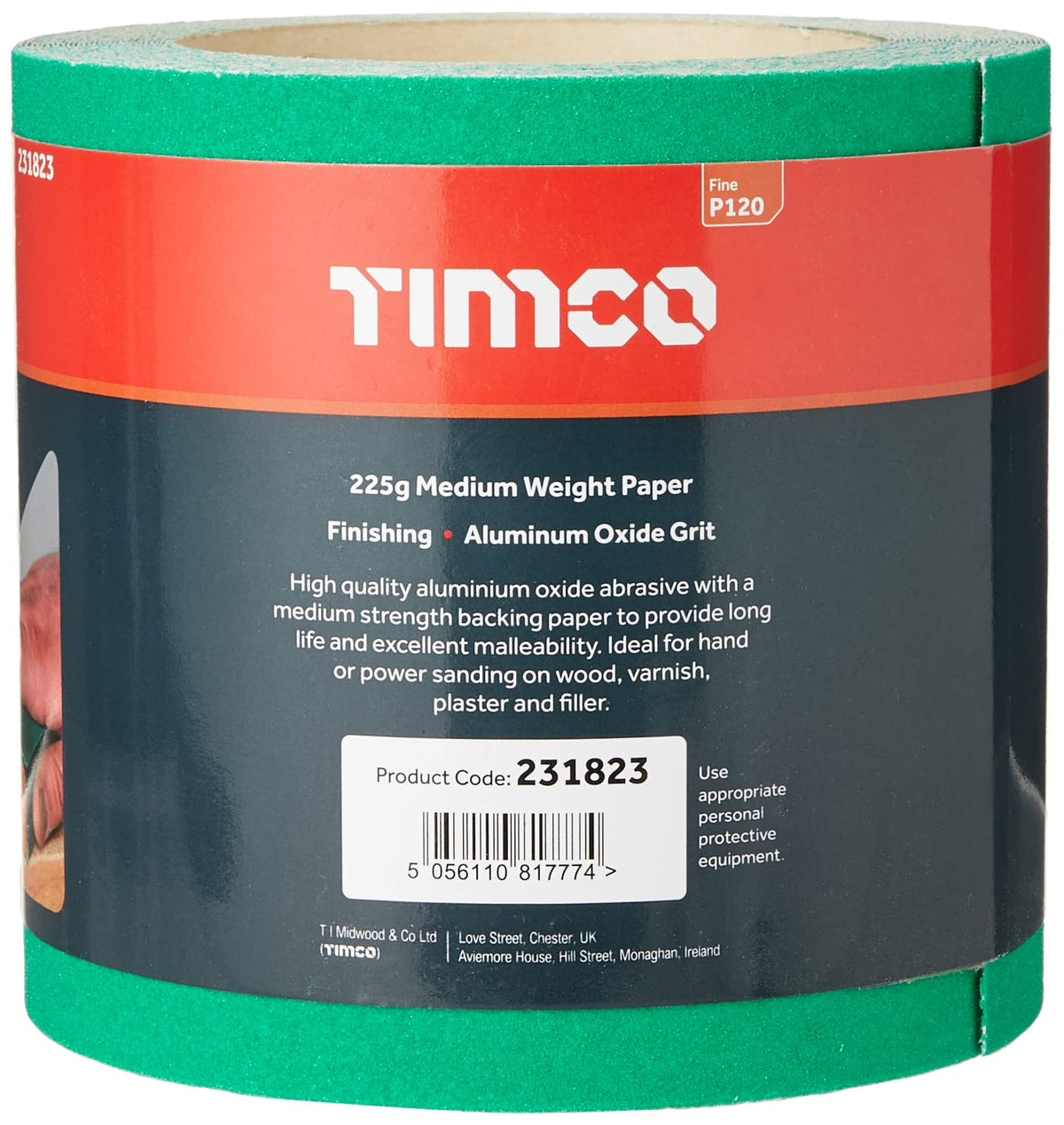 TIMCO Sandpaper Roll - 120 Grit - Green - 115mm x 10m - 1 Roll - Ideal for hand and powertool sanding