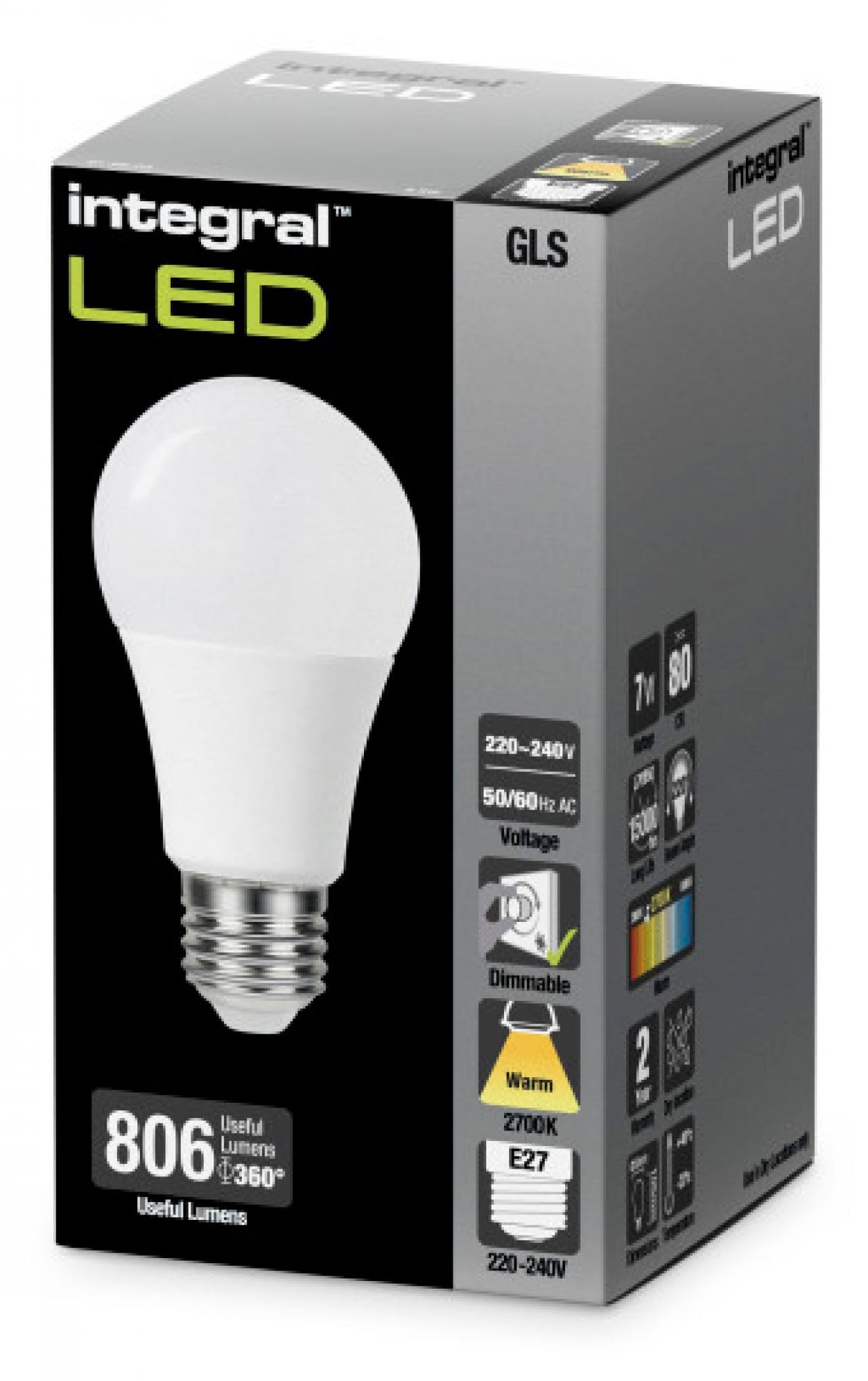 Integral LED GLS E27 806LM 9.5W EQ. to 60W 2700K DIMMABLE 80CRI 240° Frosted