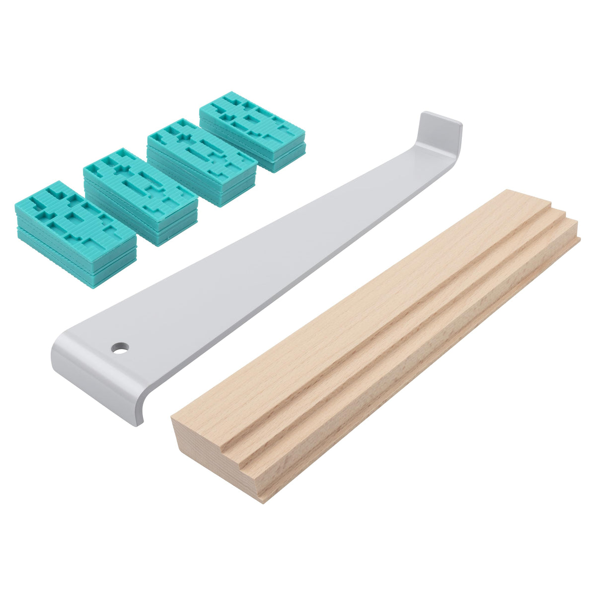 Wolfcraft 1 Verlegeset für Laminat Inhalt: 20 Abstandskeile 6930000, 1 Zugeisen 6927000, 1 Schlagholz 6929000, 6931000