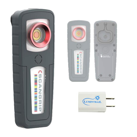 Scangrip Minimatch Rechargeable Work Light with 2 Color Lamp Bundle with a Lumintrail USB Wall Plug