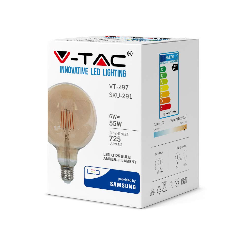V-TAC 6W A++ G125 Amber Filament LED Light Bulb for Samsung E27 2200K