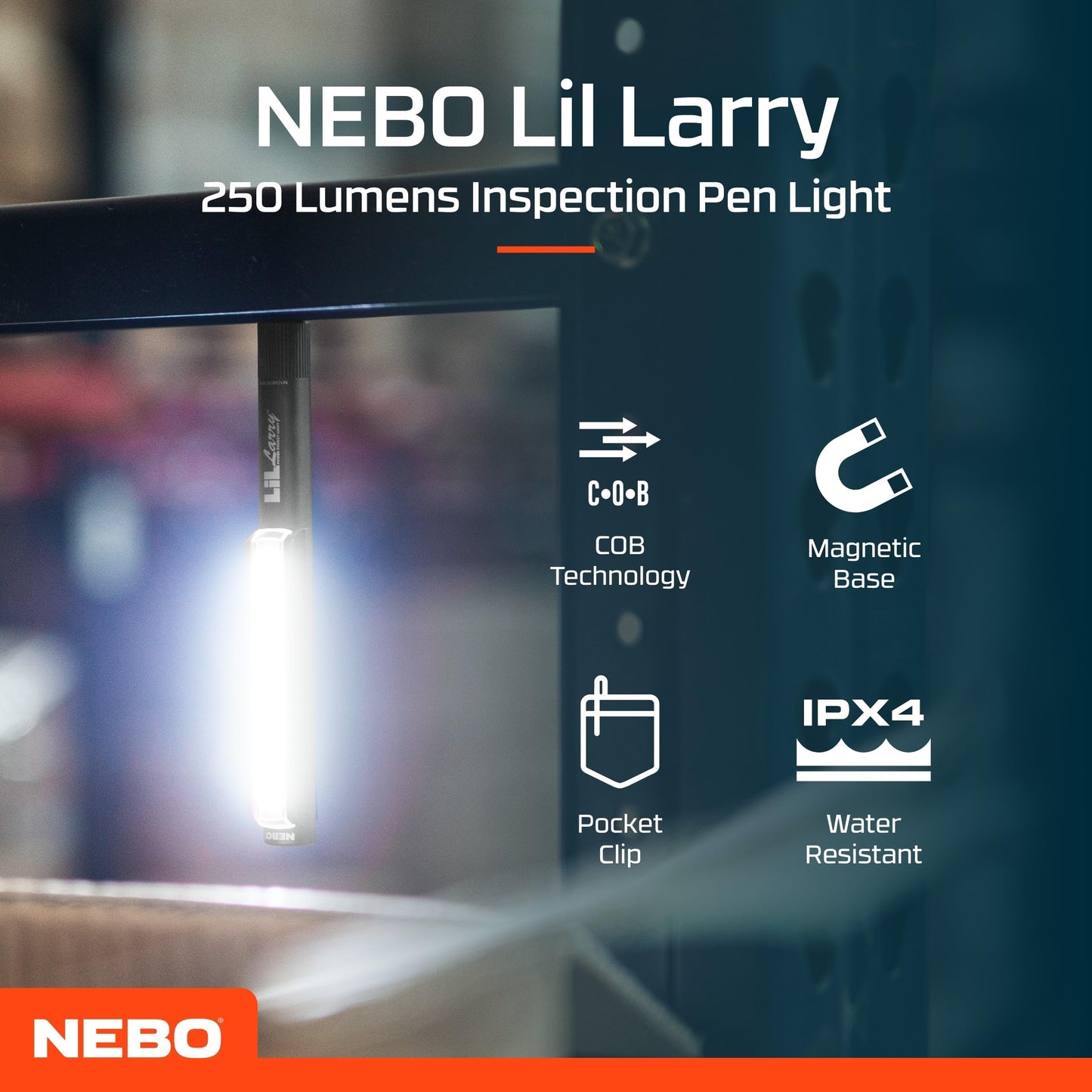 NEBO Lil Larry - 250 Lumen Torch with COB Work Light - Pocket Clip Magnetic Base for Hands-Free Lighting - Portable COB LED Flashlight - Hazard Light-Red