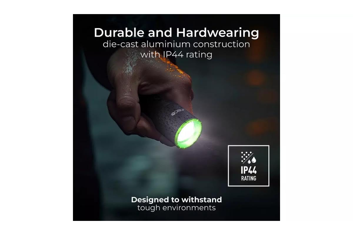 Handyfix Luceco LED Tactical Flashlight, Black with Green Trim, High-Power Torch