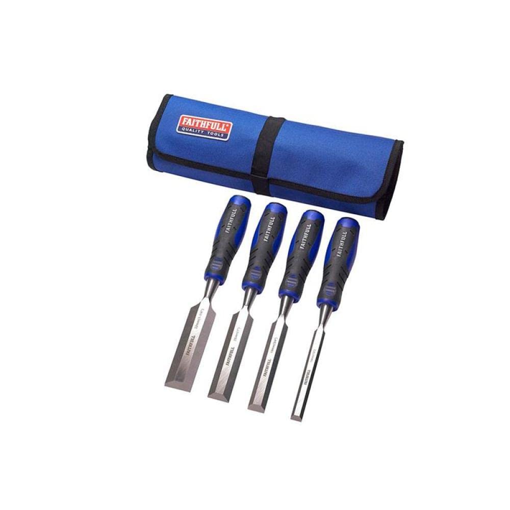 Faithfull FAIWCSGS4CR Soft-Grip Bevel Edge Chisel Set of 4 (13, 19, 25 & 32mm) with Chisel Roll, Blue/Black
