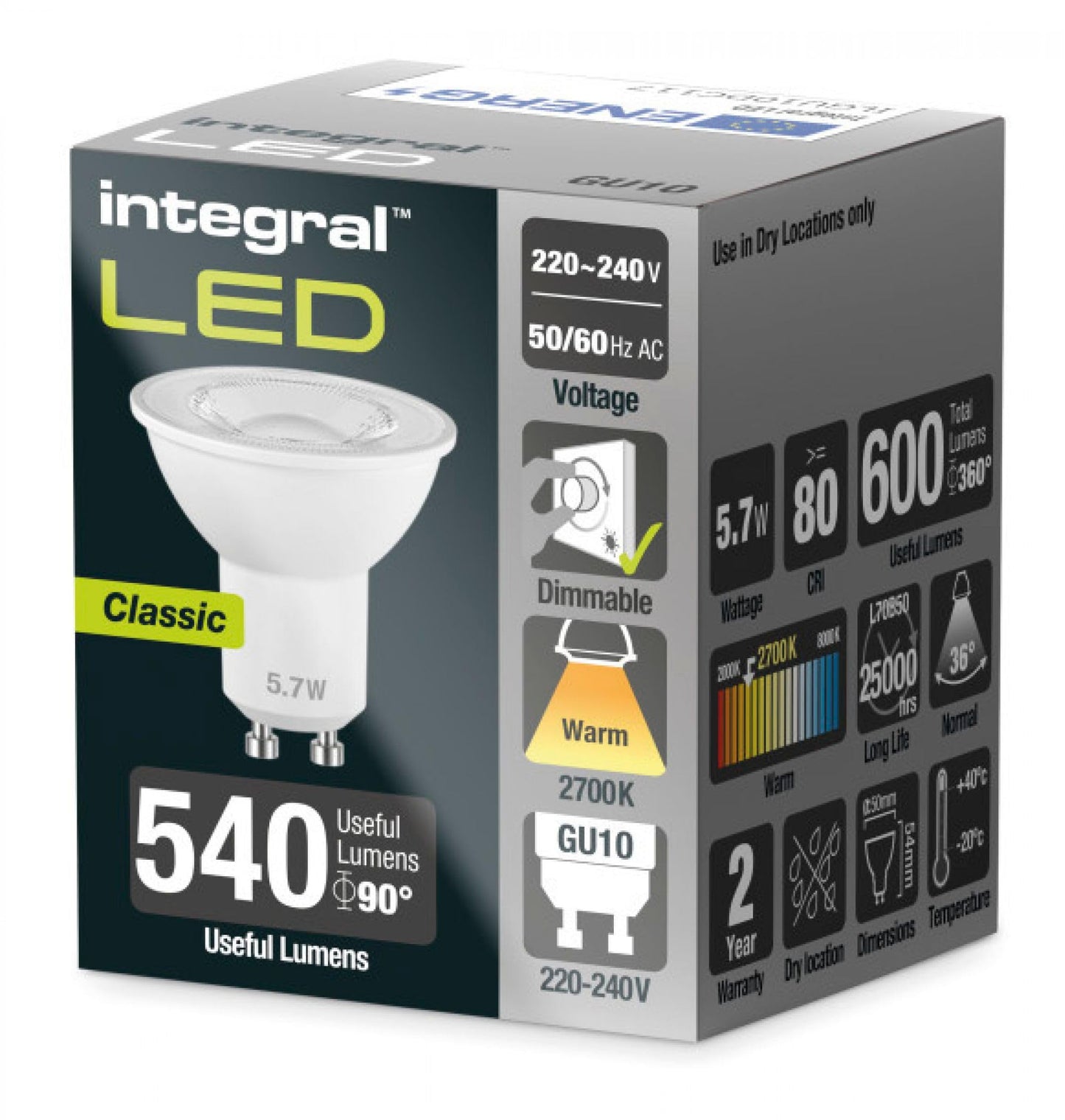 Integral ILGU10DC117 5.7w GU10 LED spot Bulb, 2700k, dimmable, 36° Beam, 620lm =75w