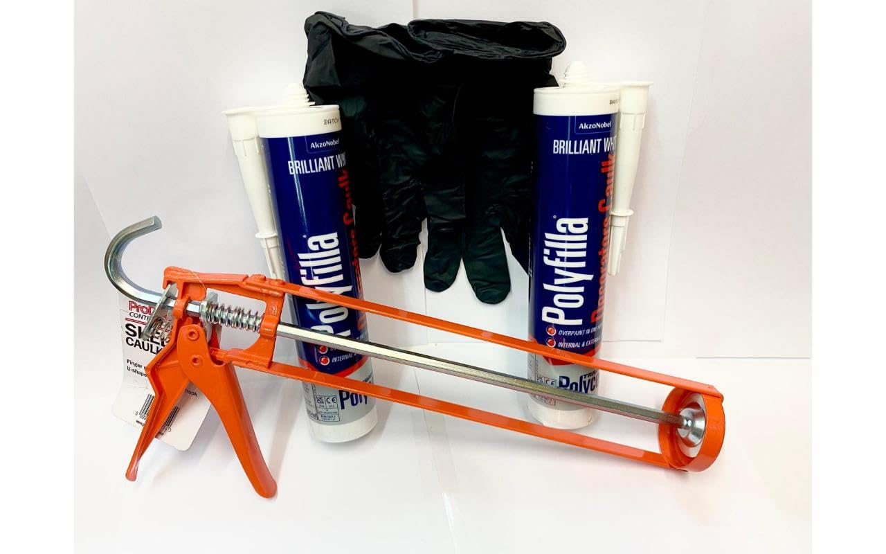 Handyfix Decorators Caulk Bundle- Includes 2 of Polycell White Caulk - Caulking Gun - Disposable Gloves, Perfect for Filling Gaps and Caulking Skirting Boards