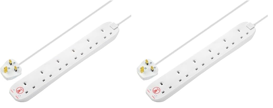 Masterplug Six Socket Extension Lead with Surge Protection, Power and Surge LED Indicators, Unswitched, 2 Metre Cable, 6-Way Plug Extension Cable, Power Strip, White, 13A, 6G, 2m, SRG6210N