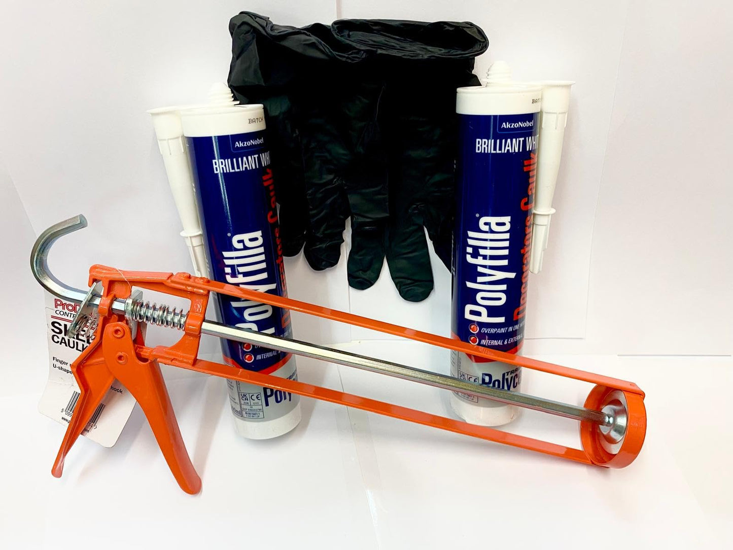 Handyfix Decorators Caulk Bundle- Includes 2 of Polycell White Caulk - Caulking Gun - Disposable Gloves, Perfect for Filling Gaps and Caulking Skirting Boards