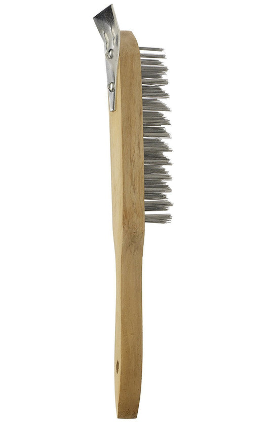 HARD WIRE BRUSH. HARD WOOD. METAL BRISTLES. SCRAPER. HANG HOLE. 4 ROW. SCRATCH.