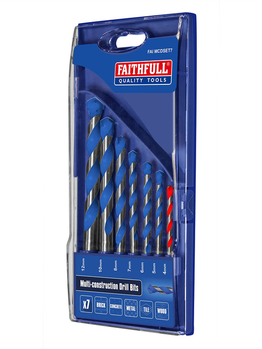 Faithfull FAIMCD10120 Tungsten Carbide Tipped Contruction Drill Bits 7 Piece Set 4-12mm. for Brick, Tile, Concrete, Metal, Alum, Wood and Plastic