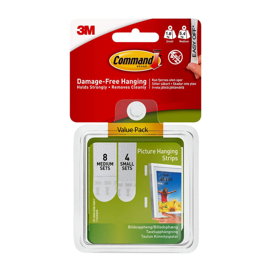 Command Picture Hanging Strips, Value Pack, White - 4 Pairs of Small (8 Strips), 8 Pairs of Medium (16 Strips) - For Pictures, Frames, Mirrors, Wall decor - Damage Free Hanging