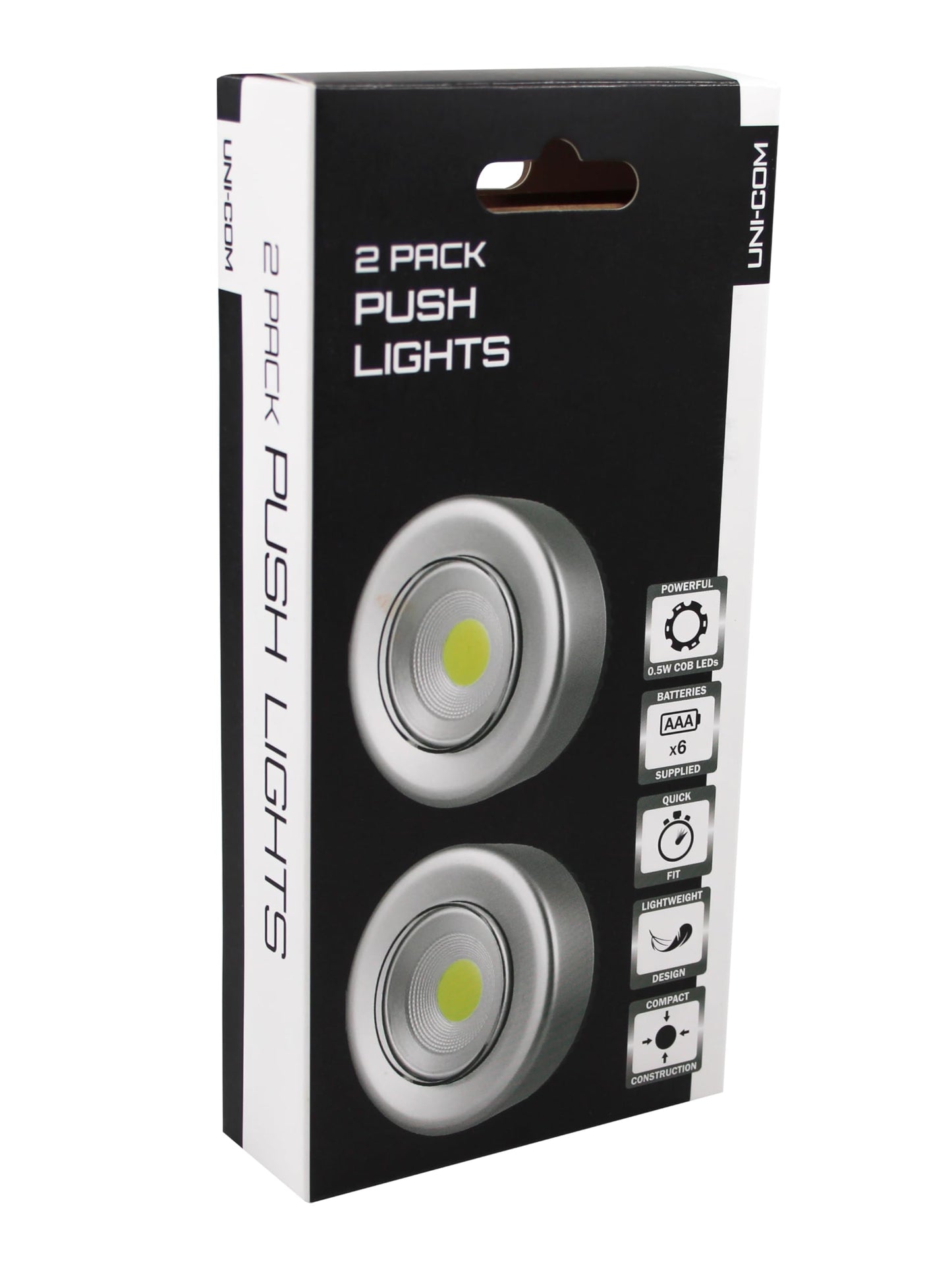 Uni-Com Wireless, Battery-Powered, Stick-On Push Lights for Cupboards, Lofts, Under Cabinets, Wardrobes & Drawers, 2 Pack