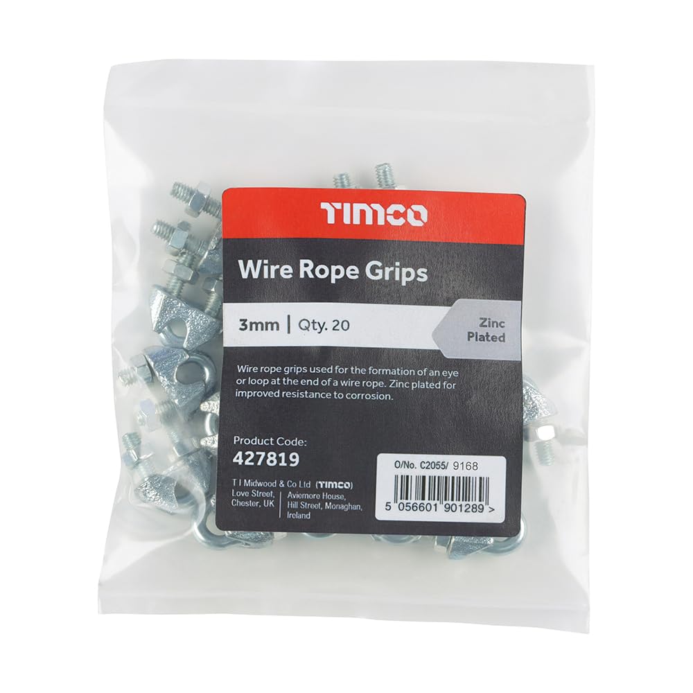 Timco Wire Rope Grips, 3mm, Zinc Plated, Pack of 20