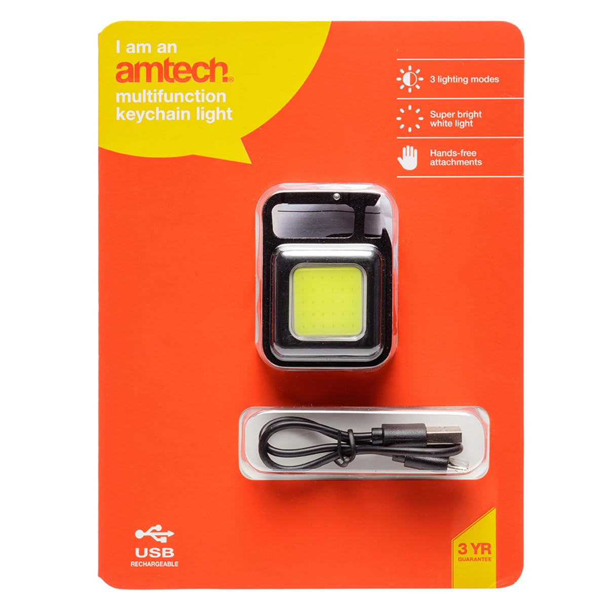 Amtech - Mini Multifunctional Keychain Light for Camping, Hiking, and More, Bright COB Technology with 3 Lighting Modes, Rechargeable, Lightweight and Portable with Clip