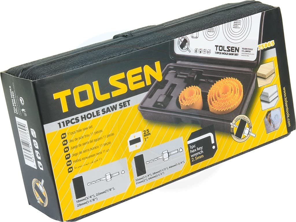 TOLSEN 9BM120 11pcs Hole Saw Pilot Drill Bit Kits for Plywood Drywall Wood Plastic,Yellow,3/4 inch 7/8 inch 1 1/8 inch 1 1/4 inch 1 1/2 inch 1 1/3 inch 2 inch 2.5 inch