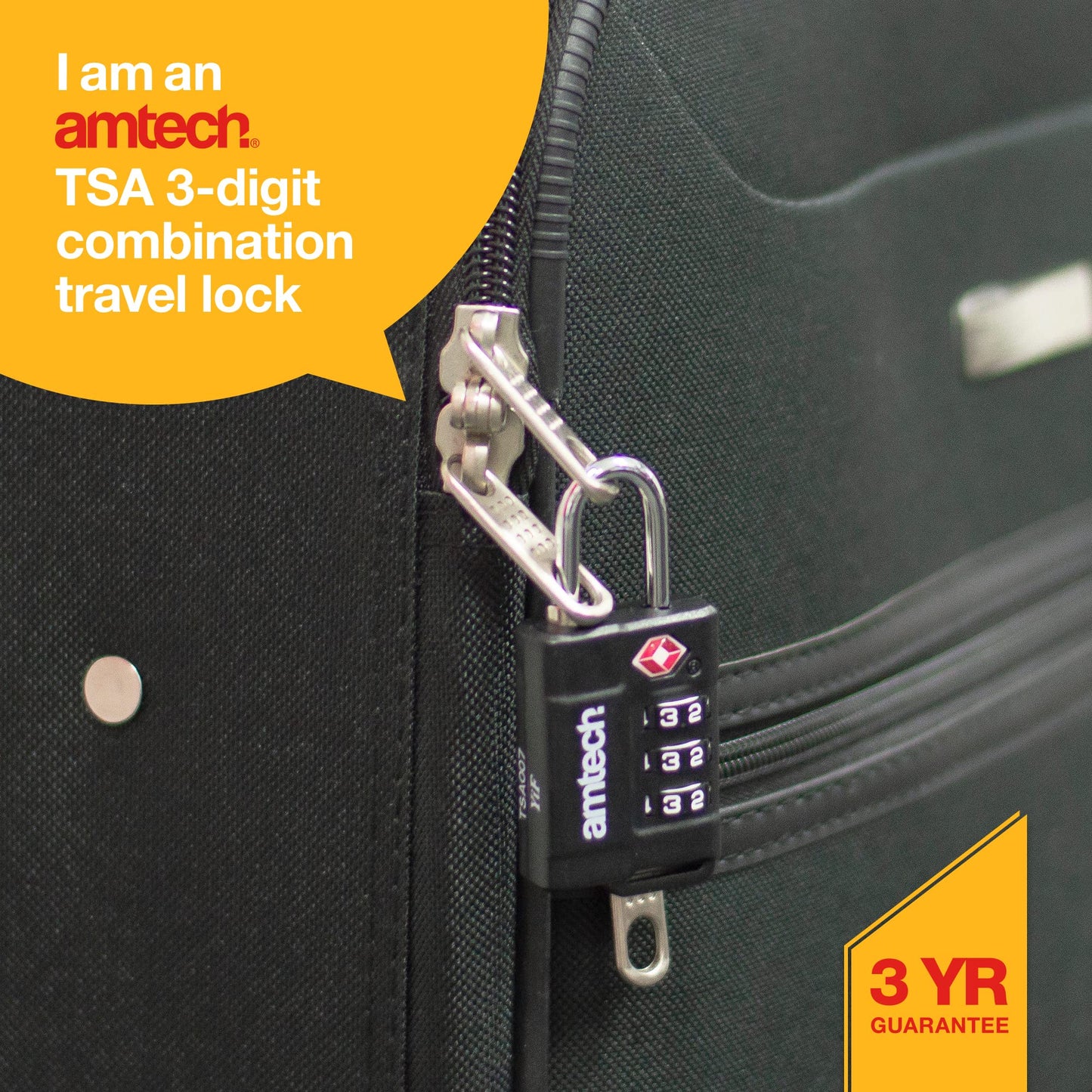 Amtech T1130 TSA-Approved Combination Travel Padlock, 3 Digit Combination Suitcase Lock, Travel Luggage Lock for Suitcases, Travel Bags, Backpacks, Lockers, Gym, Bike Locks, (Black)