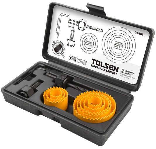 TOLSEN 9BM120 11pcs Hole Saw Pilot Drill Bit Kits for Plywood Drywall Wood Plastic,Yellow,3/4 inch 7/8 inch 1 1/8 inch 1 1/4 inch 1 1/2 inch 1 1/3 inch 2 inch 2.5 inch