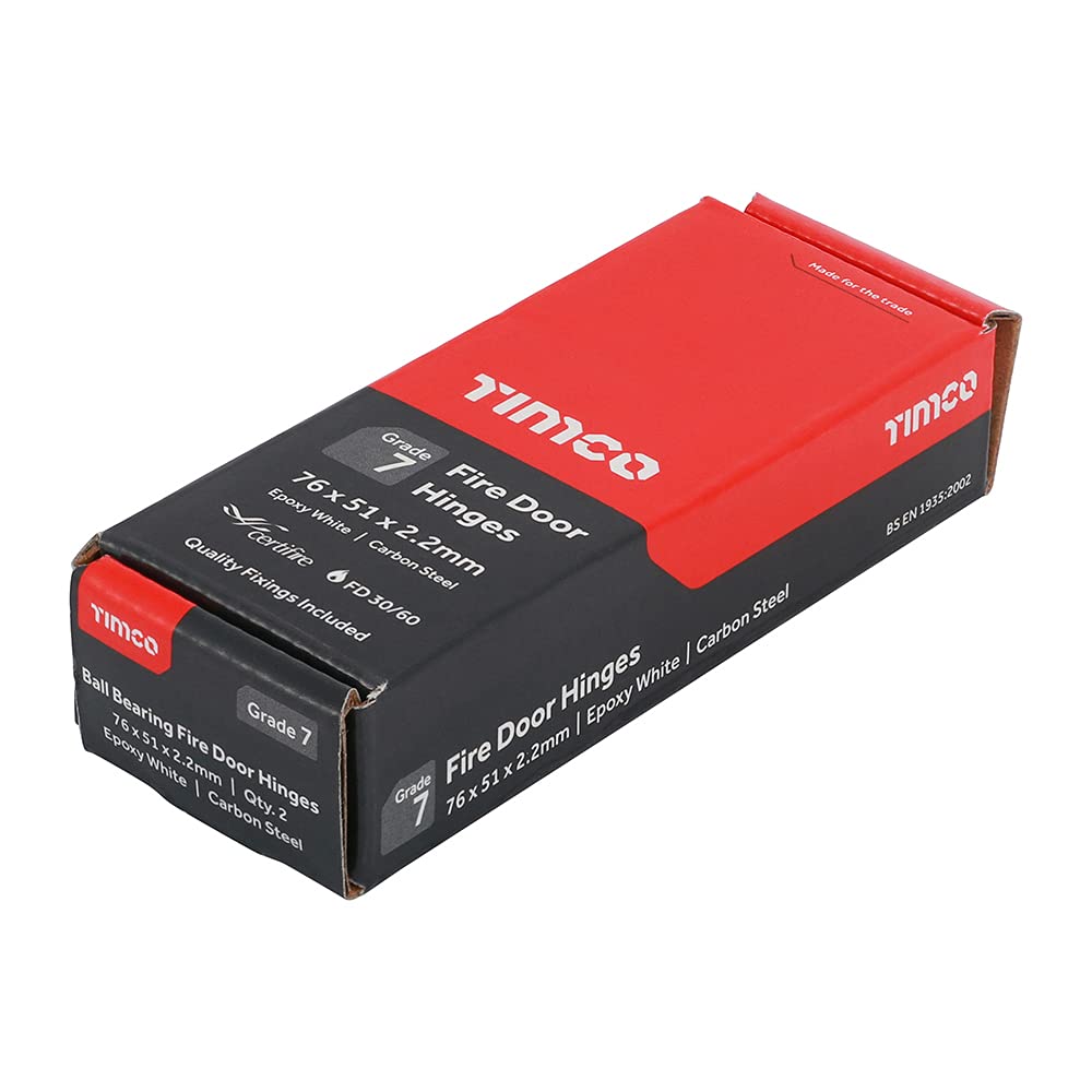 TIMCO Fire Door Hinge for Internal Residential Doors - Ball Bearing Hinge Epoxy White - 76 x 51 x 2.2