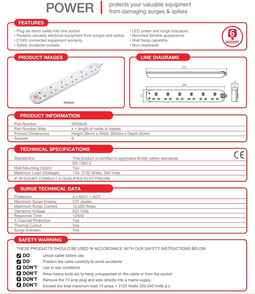 Masterplug Six Socket Extension Lead with Surge Protection, Power and Surge LED Indicators, Unswitched, 2 Metre Cable, 6-Way Plug Extension Cable, Power Strip, White, 13A, 6G, 2m, SRG6210N