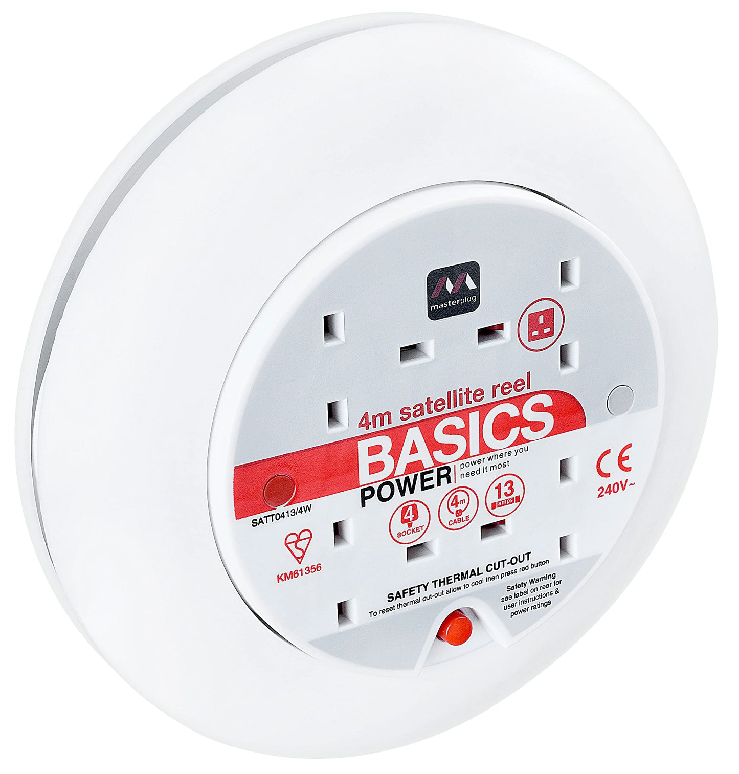 Masterplug Four Socket Slimline Cassette Reel Extension Lead, 4 Metres, White