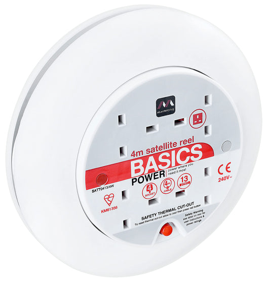 Masterplug Four Socket Slimline Cassette Reel Extension Lead, 4 Metres, White