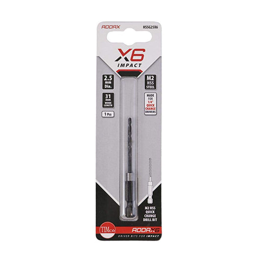 PACK OF 1 x TIMCO ADDAX (X6) IMPACT QUICK CHANGE DRILL BIT 1/4" DRIVER 2.5mm HSS STEEL