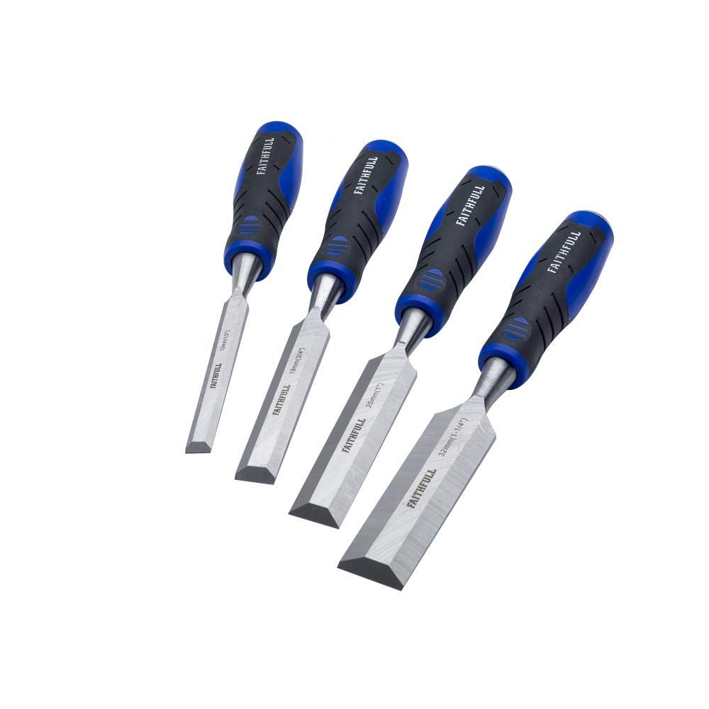 Faithfull FAIWCSGS4CR Soft-Grip Bevel Edge Chisel Set of 4 (13, 19, 25 & 32mm) with Chisel Roll, Blue/Black
