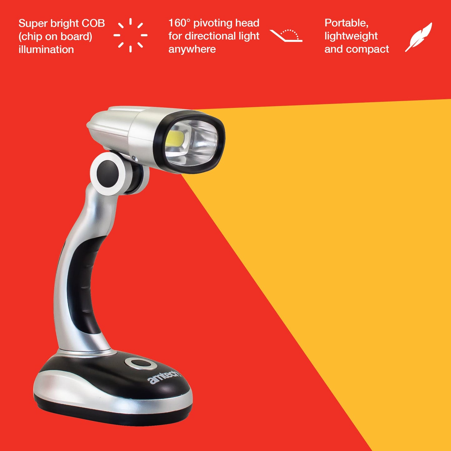 Amtech S8124 Cordless Desk Lamp, Super Bright COB (chip on board) LED Illumination, Portable and Lightweight, 160° Pivoting Head, 3x AA Batteries Included, Ideal for Desk, Office, Camping, Travelling,
