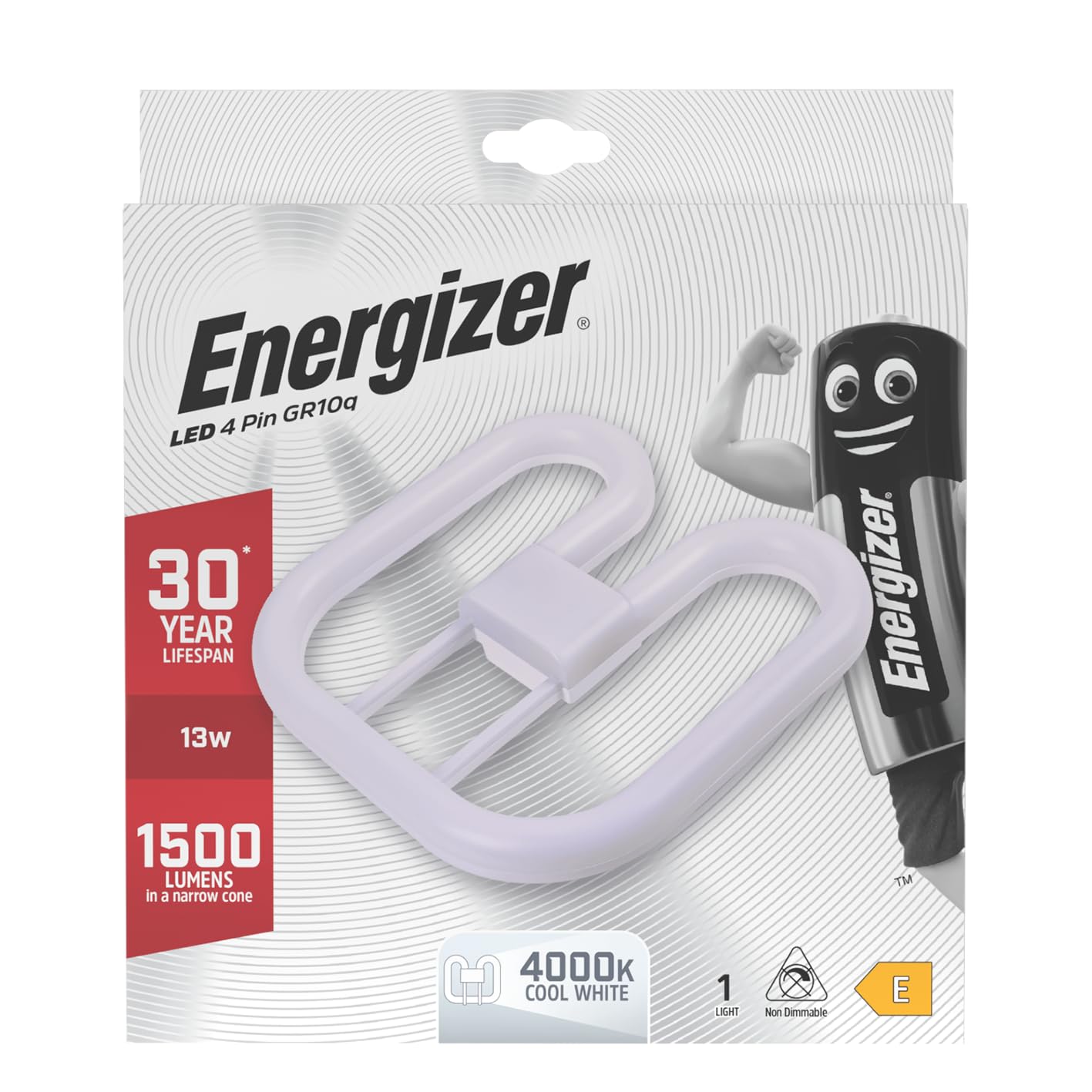 Energizer LED 2D Lamp, GR10q 4-Pin, 13W=28W, 1500lm, 4000K Cool White, 30000 Hours