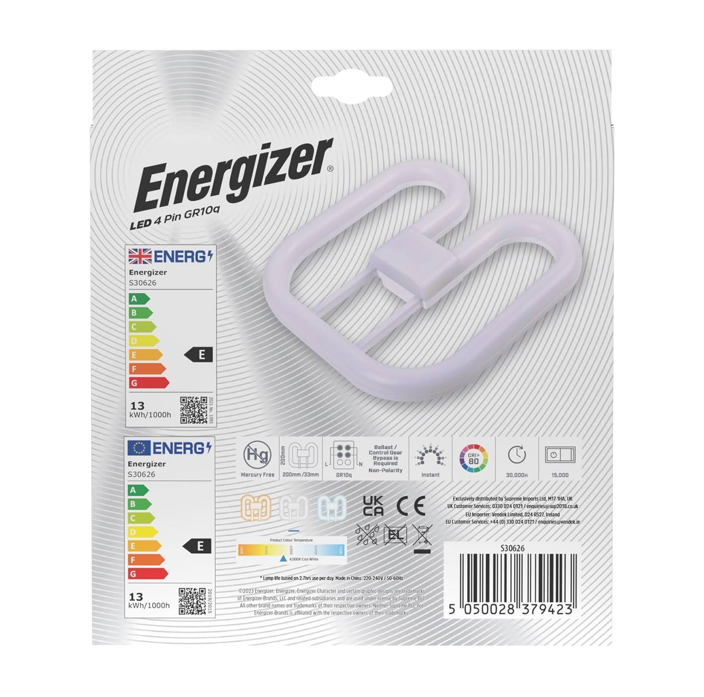 Energizer LED 2D Lamp, GR10q 4-Pin, 13W=28W, 1500lm, 4000K Cool White, 30000 Hours