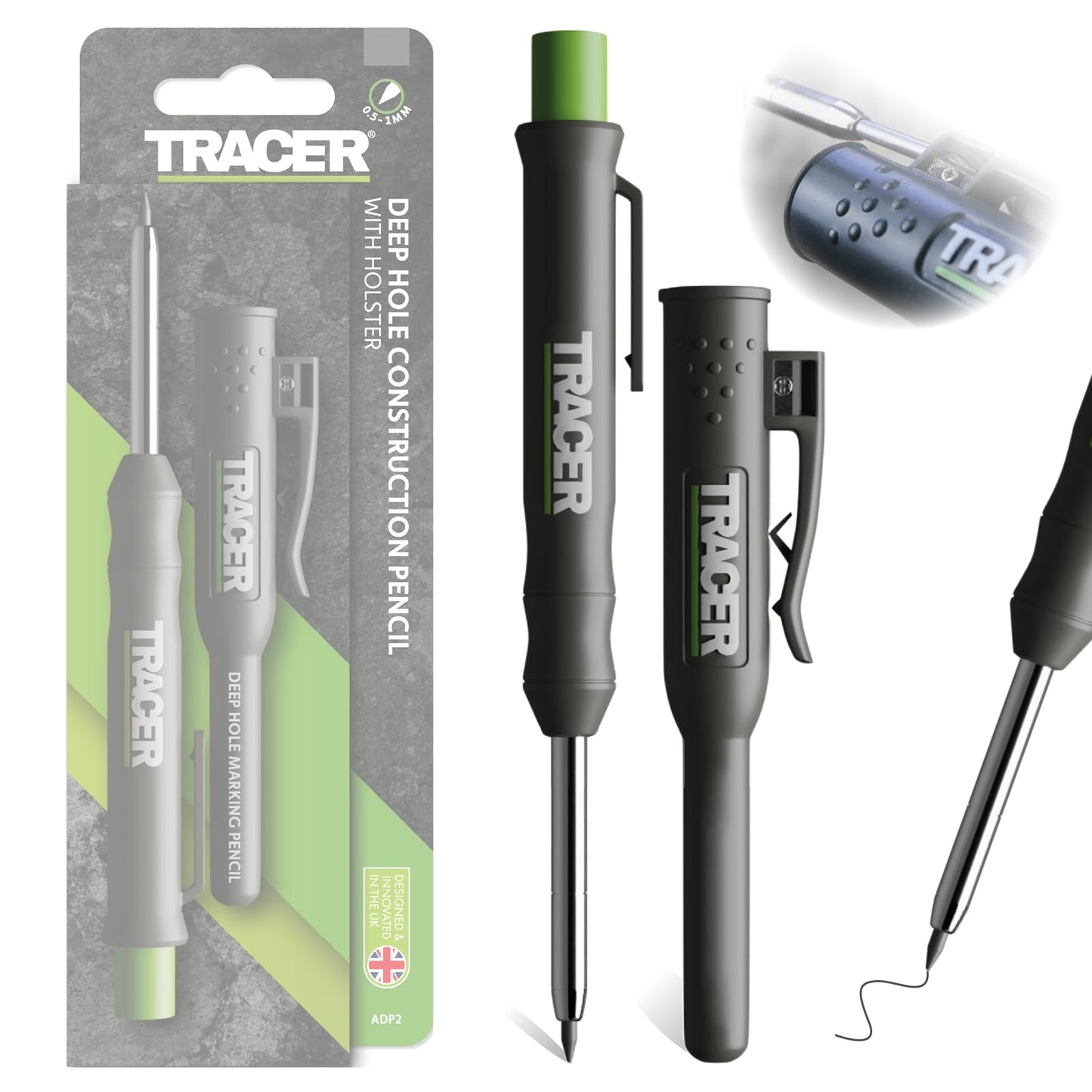 TRACER Deep Hole Construction Pencil with TRACER Site Holster (120mm, Extendable 2B Construction Pencil with Inbuilt Sharpener)