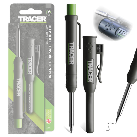 TRACER Deep Hole Construction Pencil with TRACER Site Holster (120mm, Extendable 2B Construction Pencil with Inbuilt Sharpener)