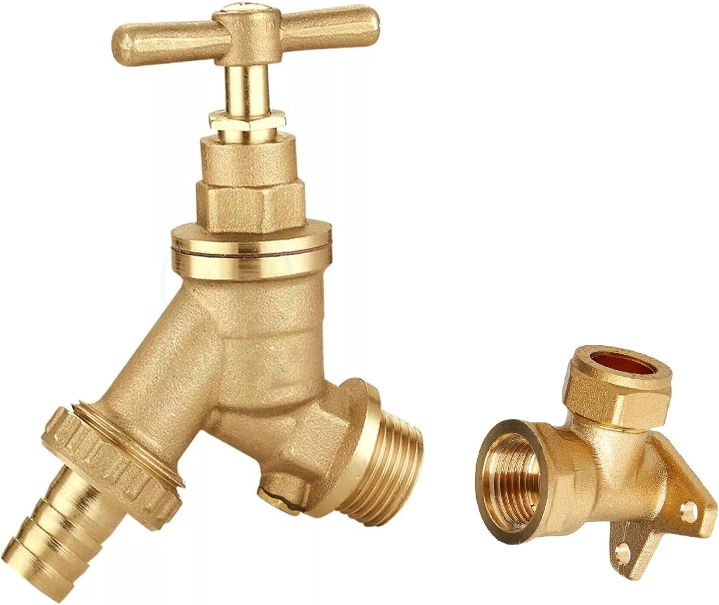 Handyfix Outside Garden TAP Hose Union BIB TAP 1/2" Brass with Double Check Valve & Wall Plate Elbow 15mm x 1/2" Compression
