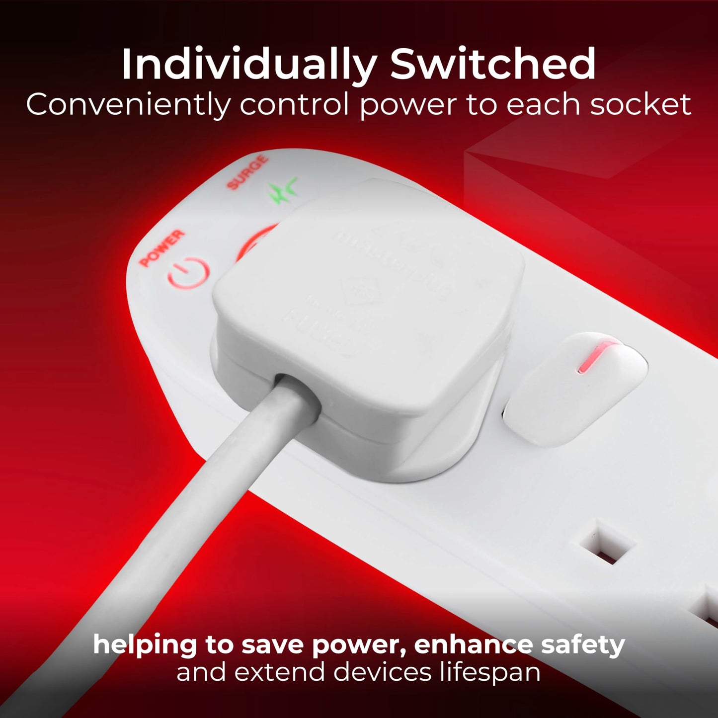 Masterplug SWSRG4210N-MP Four Socket Power Surge Protected Extension Lead with Individual Switches, 2 Metres, 36 x 5.5 x 3 cm, White