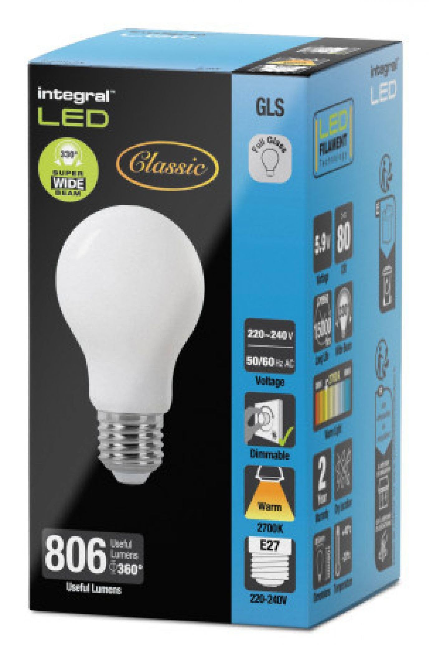 Integral ILGLSE27DC095 7w LED Pearl GLS Light Bulb, Full Glass, dimmable, 2700K, E27, 806lm =60w