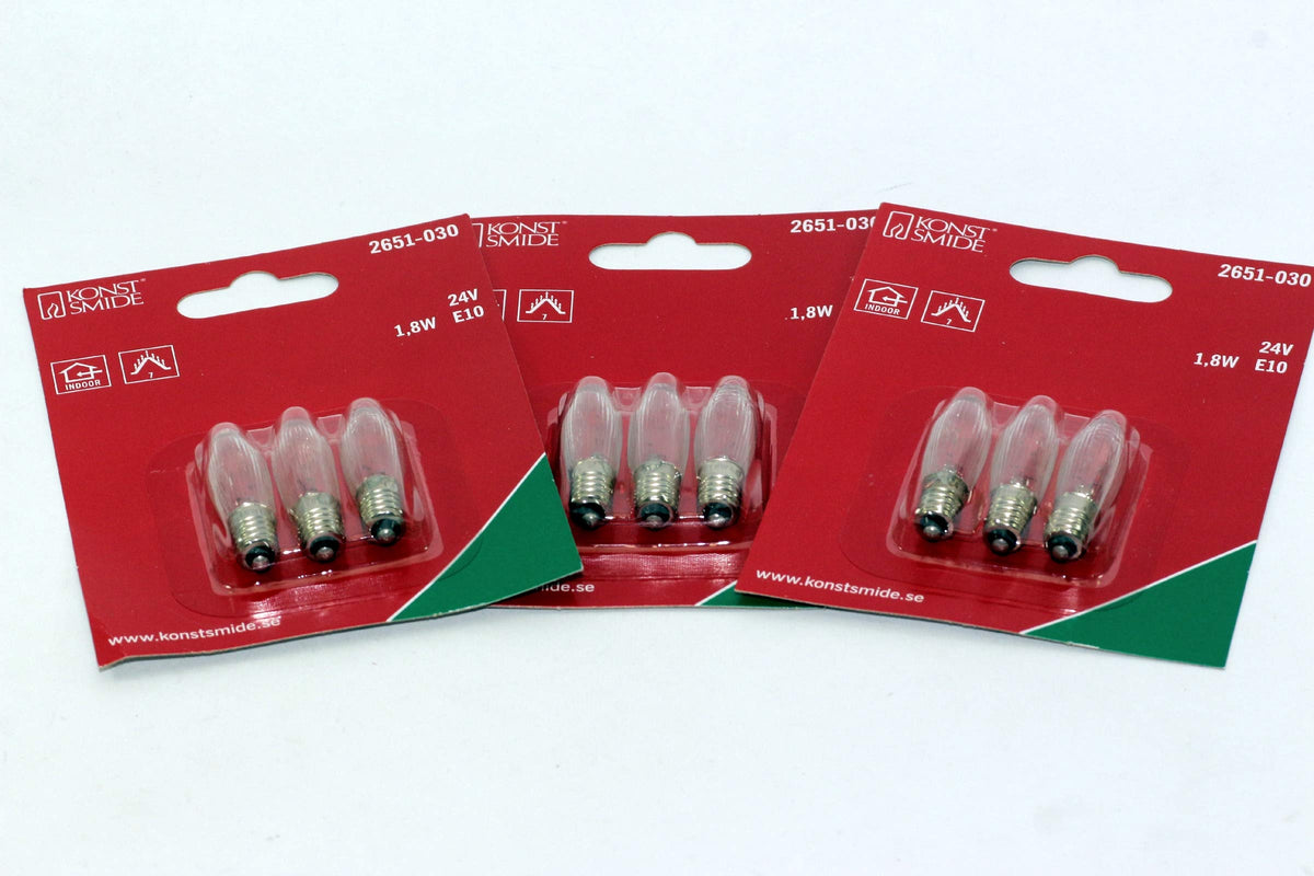 TheOneStopSatShop 9 Pack of KonstsmIde 24V, 1.8W, E10, MES Spare Welcome Candle Bridge Bulbs